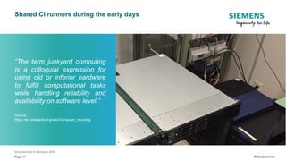 Unrestricted © Siemens 2019
Page 11 #GitLabCommit
Shared CI runners during the early days
“The term junkyard computing
is a colloquial expression for
using old or inferior hardware
to fulfill computational tasks
while handling reliability and
availability on software level.”
Source:
https://en.wikipedia.org/wiki/Computer_recycling
 