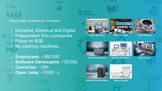 Responsible, excellent and innovative
● Industrial, Electrical and Digital
● Independent Sub-Companies
● Focus on B2B
● No washing machines...
● Employees: ~380’000
● Software Developers: ~20’000
● Countries: ~190
● Open Jobs: ~5’600 ;-)
Power Generation Rail Automation Vehicle Systems
Industrial Automation Building Automation CNC Controls
Industrial Communication Medical Imaging
 
