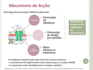 Para os pacientes com hepatite aguda com aumento das enzimas hepáticas, podem ser requeridas doses mais elevadas de metadona.Mecanismo de Acção Agonista dos receptores opióides µ8Adaptado de http://www.medicalnewstoday.com/info/oic/images/opioid1.jpg, consulta dia 12/05/2010