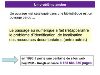 Un problème ancien Un ouvrage mal catalogué dans une bibliothèque est un ouvrage perdu ...  en 1993 à peine une centaine de sites web Sept 2005 - Google annonce   8 168 684 336 pages  Le passage au numérique a fait (ré)apparaître  le problème d’identification, de localisation des ressources documentaires (entre autres) 