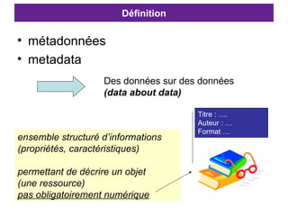 Définition métadonnées metadata Des données sur des données (data about data) ensemble structuré d’informations  (propriétés, caractéristiques) permettant de décrire un objet  (une ressource)  pas obligatoirement numérique   Titre   : …. Auteur : … Format … 