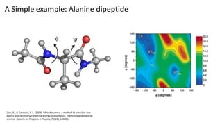 A Simple example: Alanine dipeptide
Laio, A., & Gervasio, F. L. (2008). Metadynamics: a method to simulate rare
events and reconstruct the free energy in biophysics, chemistry and material
science. Reports on Progress in Physics, 71(12), 126601.
 