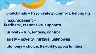 Tone/climate – Psych safety, comfort, belonging
Encouragement –
feedback, responsive, supports
Curiosity – fun, fantasy, control
Variety – novelty, intrigue, unknowns
Autonomy – choice, flexibility, opportunities
 