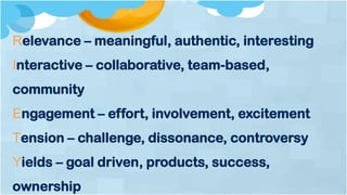 Relevance – meaningful, authentic, interesting
Interactive – collaborative, team-based,
community
Engagement – effort, involvement, excitement
Tension – challenge, dissonance, controversy
Yields – goal driven, products, success,
ownership
 