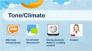 Tone/Climate
Alternate
introductions
Ice breaker
discussions
Giving students
Roles in creating
content
Avatars
 