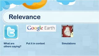 Relevance
What are
others saying?
Put it in context Simulations
 