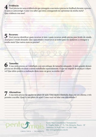 Gente Mais Consultoria e Treinamento
R. Virgílio Malta, 17-76, Vila Mesquita, Bauru - SP
Telefones: 14 3010-7681 / 14 3203-7680
Site: www.gentemais.com.br
4 Evidência:
Você precisa ter uma evidência de que conseguiu a sua meta e precisa ter feedback durante o proces-
so para se autocorrigir. Como vou saber que estou conseguindo me aproximar da minha meta?
Que evidência vou usar?
6 Tamanho:
A sua meta precisa ser trabalhada com um enfoque de tamanho adequado. A meta grande demais
precisa ser dividida em áreas a serem trabalhadas separadamente. O que me impede de alcançar o objeti-
vo? Que efeito positivo a realização desta meta vai gerar na minha vida?
7 Alternativas:
A sua meta precisa ter opções no plano de ação. Uma opção é limitada; duas cria um dilema; e três
permite a escolha. Qual é o seu plano de ação? Como você vai lidar com dificuldades ?
5 Recursos:
Você precisa identificar quais recursos já tem e quais recursos ainda precisa para leválo do estado
atual para o estado desejado. Que capacidades e recursos eu já tenho para me ajudarem a conseguir a
minha meta? Que outros mais eu preciso?
 