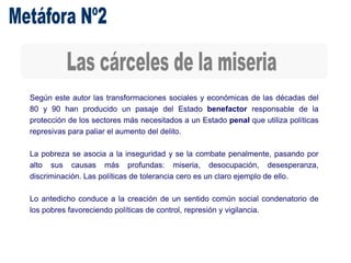 Según este autor las transformaciones sociales y económicas de las décadas del
80 y 90 han producido un pasaje del Estado benefactor responsable de la
protección de los sectores más necesitados a un Estado penal que utiliza políticas
represivas para paliar el aumento del delito.
La pobreza se asocia a la inseguridad y se la combate penalmente, pasando por
alto sus causas más profundas: miseria, desocupación, desesperanza,
discriminación. Las políticas de tolerancia cero es un claro ejemplo de ello.
Lo antedicho conduce a la creación de un sentido común social condenatorio de
los pobres favoreciendo políticas de control, represión y vigilancia.
 