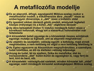 A metafilozófia modellje Ez az alapvető, átfogó, egységesítő Möbius-szalag csokor a metafilozófiai modell; a sokdimenziós ábra „északi” része az ember/egyén dimenziója, a „déli” része a kollektív oldal Ez igazából síkban ábrázolt gömb modell, amelynek legbelső közepe (mélysége) és a külső „héj” végtelene összeér Az ábra belsejéből (holon 1) indulva mindegyik holon része a következő holonnak, ahogy ezt a klasszikus holonelmélet már feltételezte A körszeletek belső egysége és a körszeletek összes szintjének egysége mutatja az Egészet, ami az alapvető meghatározó Az objektív és szubjektív valóság együtt: a kettőség, majd ennek meghaladása, a nem-kettőség és végül a nem kettőség felettiség is Az Egész egyszerre az Abszolútum megnyilvánulása, a személyes tudat totalitása, az élő és élettelen valóság teljessége Anyag és tudat, lét és szellem, fizika és metafizika, élet és transzcendens „élet” külön-külön és egységben is, vagy fent és lent, kint és bent, stb.  A körszeletek: valóság/tudat szeletek; minden körszelet két „oldal” egysége; ezért mindegyik körszelet szükségképpen Möbius szalag 