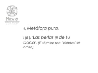 4. Metáfora pura:
I [R ]: "Las perlas (I) de tu
boca". (El término real "dientes" se
omite).
 