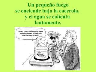 Un pequeño fuego  se enciende bajo la cacerola,  y el agua se calienta  lentamente. 