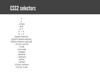CSS2 selectors
         *
         E
      .class
        #id
        E F
       E > F
       E + F
   E[attribute]
E[attribute=value]
E[attribute|=value]
   :first-child
       :link
     :visited
      :lang()
      :before
     ::before
      :after
      ::after
   :first-letter
    :first-line
 