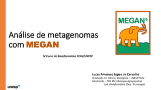 Análise de metagenomas
com MEGAN
IV Curso de Bioinformática FCAV/UNESP
Lucas Amoroso Lopes de Carvalho
Graduado em Ciências Biológicas – UNESP/FCAV
Mestrando – PPG Microbiologia Agropecuária
Lab. Bioinformática (Dep. Tecnologia)
 