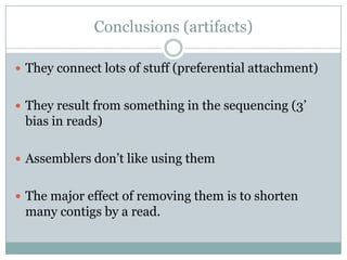 Conclusions (artifacts)They connect lots of stuff (preferential attachment)They result from something in the sequencing (3’ bias in reads)Assemblers don’t like using themThe major effect of removing them is to shorten many contigs by a read.