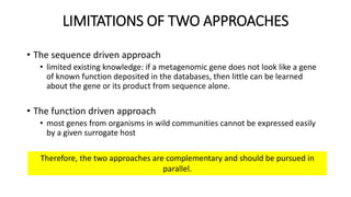 LIMITATIONS OF TWO APPROACHES 
• The sequence driven approach 
• limited existing knowledge: if a metagenomic gene does not look like a gene 
of known function deposited in the databases, then little can be learned 
about the gene or its product from sequence alone. 
• The function driven approach 
• most genes from organisms in wild communities cannot be expressed easily 
by a given surrogate host 
Therefore, the two approaches are complementary and should be pursued in 
parallel. 
 
