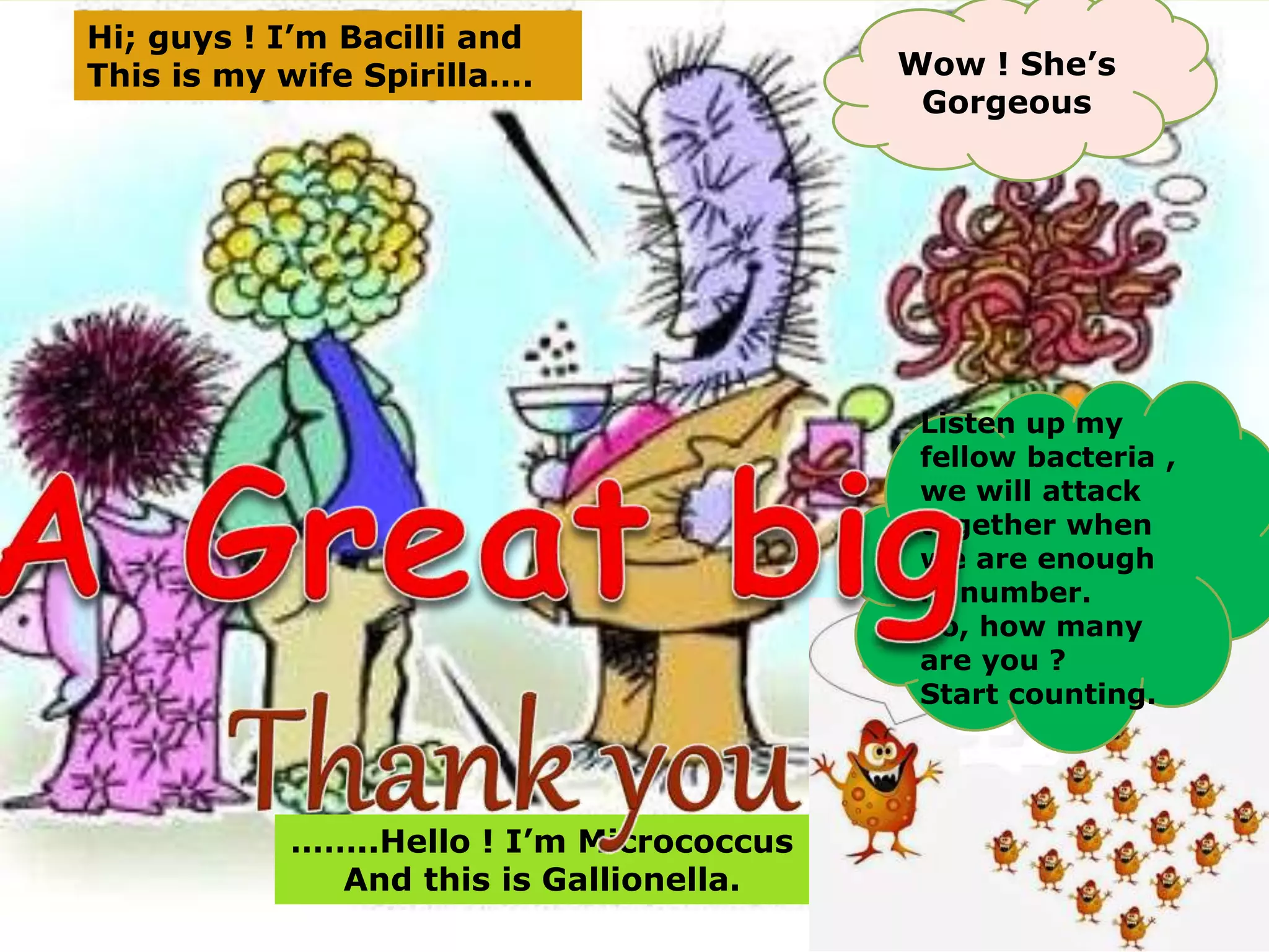 M
Wow ! She’s
Gorgeous
Hi; guys ! I’m Bacilli and
This is my wife Spirilla….
……..Hello ! I’m Micrococcus
And this is Gallionella.
Listen up my
fellow bacteria ,
we will attack
together when
we are enough
in number.
So, how many
are you ?
Start counting.
 
