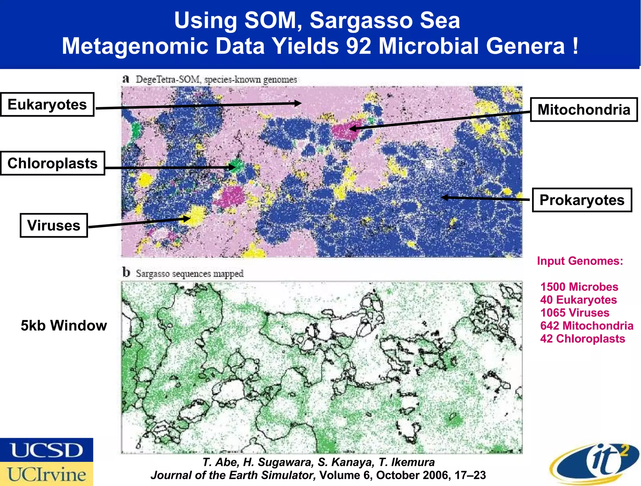 Using SOM, Sargasso Sea  Metagenomic Data Yields 92 Microbial Genera ! Eukaryotes Prokaryotes Viruses Mitochondria Chloroplasts Input Genomes: 1500 Microbes 40 Eukaryotes 1065 Viruses 642 Mitochondria 42 Chloroplasts 5kb Window T. Abe, H. Sugawara, S. Kanaya, T. Ikemura Journal of the Earth Simulator,  Volume 6, October 2006, 17–23 