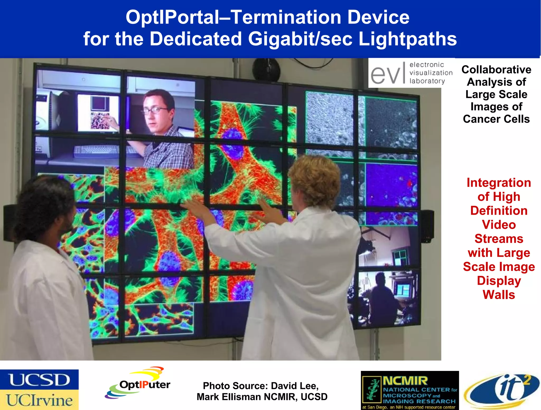 OptIPortal–Termination Device  for the Dedicated Gigabit/sec Lightpaths Photo Source: David Lee,  Mark Ellisman NCMIR, UCSD Collaborative Analysis of Large Scale Images of Cancer Cells Integration of High Definition Video Streams with Large Scale Image Display Walls 