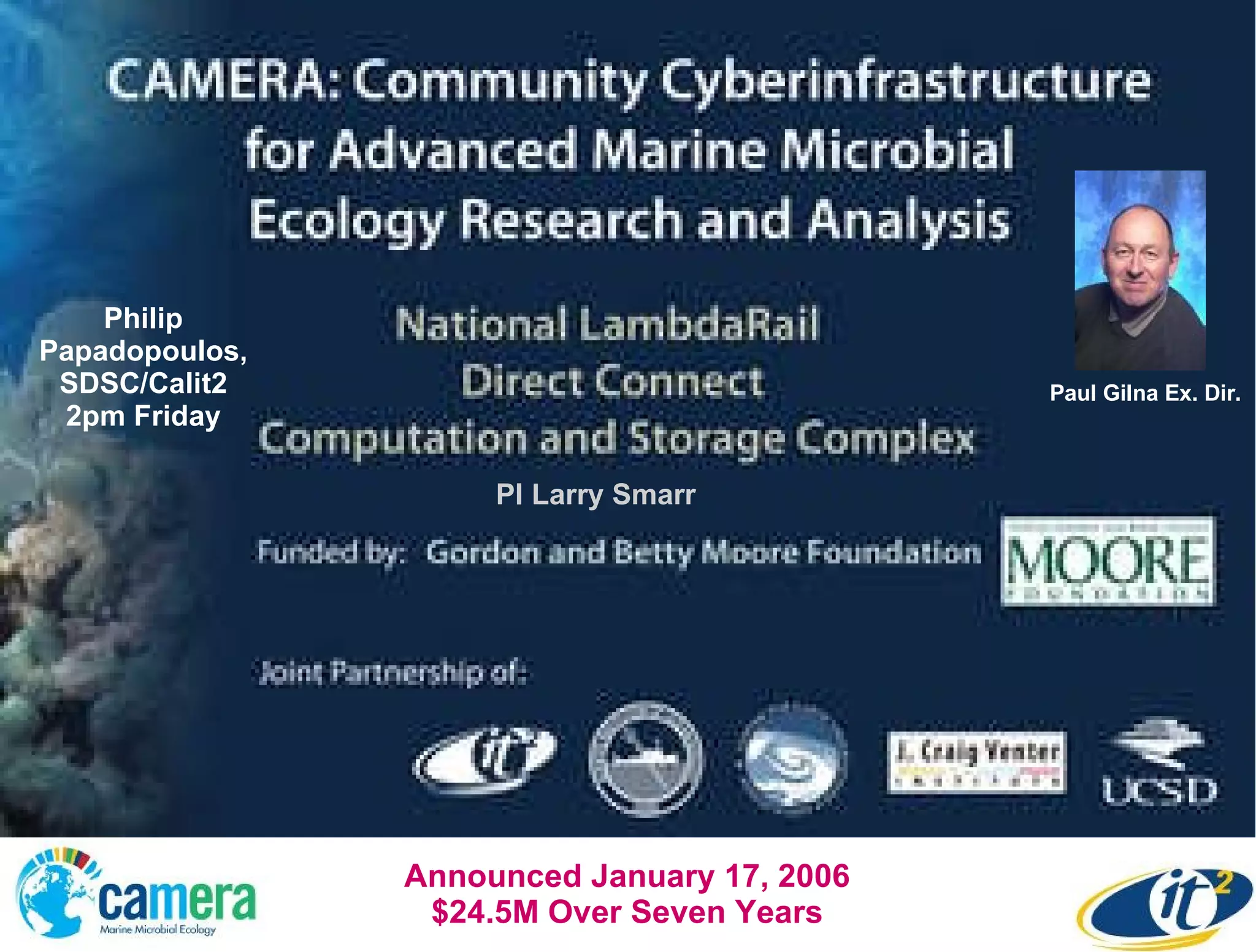 PI Larry Smarr Paul Gilna Ex. Dir. Announced January 17, 2006 $24.5M Over Seven Years Philip Papadopoulos, SDSC/Calit2 2pm Friday 