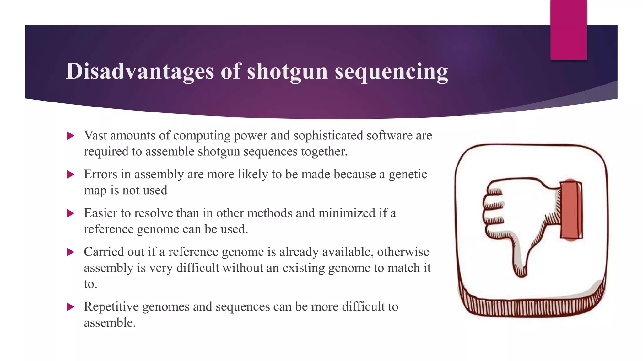 Disadvantages of shotgun sequencing
 Vast amounts of computing power and sophisticated software are
required to assemble shotgun sequences together.
 Errors in assembly are more likely to be made because a genetic
map is not used
 Easier to resolve than in other methods and minimized if a
reference genome can be used.
 Carried out if a reference genome is already available, otherwise
assembly is very difficult without an existing genome to match it
to.
 Repetitive genomes and sequences can be more difficult to
assemble.
 