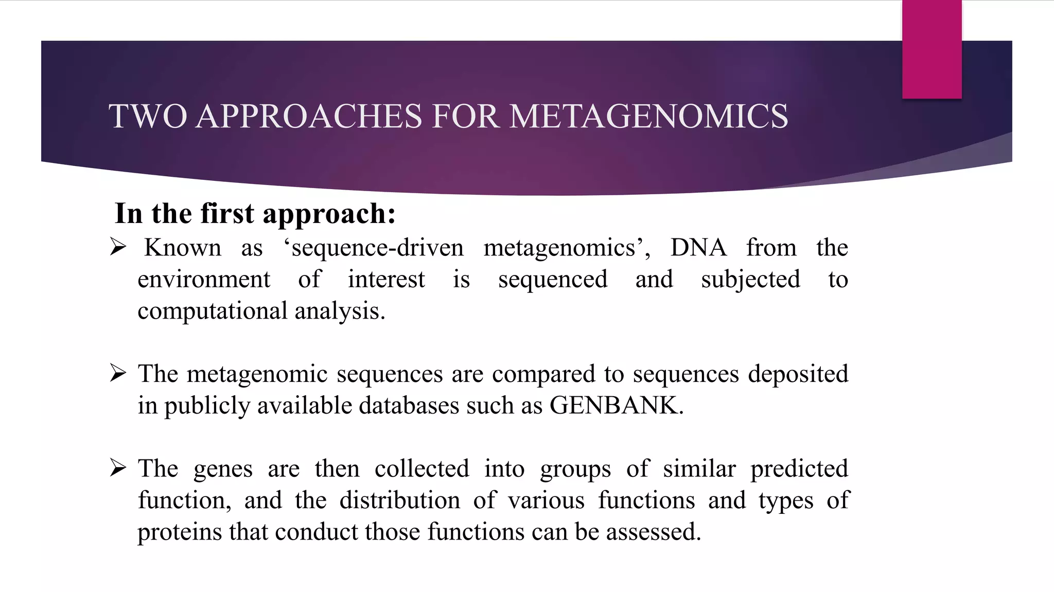 TWO APPROACHES FOR METAGENOMICS
In the first approach:
 Known as ‘sequence-driven metagenomics’, DNA from the
environment of interest is sequenced and subjected to
computational analysis.
 The metagenomic sequences are compared to sequences deposited
in publicly available databases such as GENBANK.
 The genes are then collected into groups of similar predicted
function, and the distribution of various functions and types of
proteins that conduct those functions can be assessed.
 