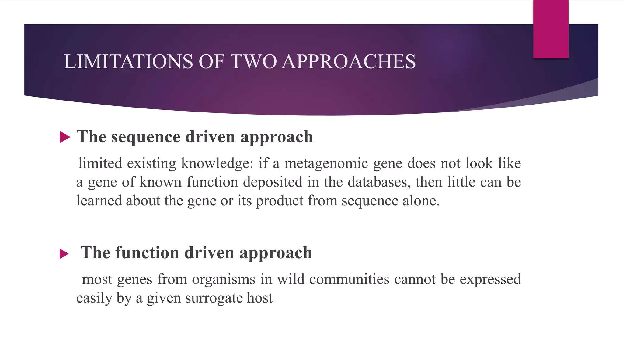 LIMITATIONS OF TWO APPROACHES
 The sequence driven approach
limited existing knowledge: if a metagenomic gene does not look like
a gene of known function deposited in the databases, then little can be
learned about the gene or its product from sequence alone.
 The function driven approach
most genes from organisms in wild communities cannot be expressed
easily by a given surrogate host
 