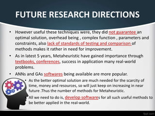 FUTURE RESEARCH DIRECTIONS
• However useful these techniques were, they did not guarantee an
optimal solution, overhead being , complex function , parameters and
constraints, also lack of standards of testing and comparison of
methods makes it rather in need for improvement.
• As in latest 5 years, Metaheuristic have gained importance through
textbooks, conferences, success in application many real-world
problems.
• ANNs and GAs softwares being available are more popular.
• As the better optimal solution are much needed for the scarcity of
time, money and resources, so will just keep on increasing in near
future .Thus the number of methods for Metaheuristic.
• All we need to do is, develop softwares for all such useful methods to
be better applied in the real-world.
 