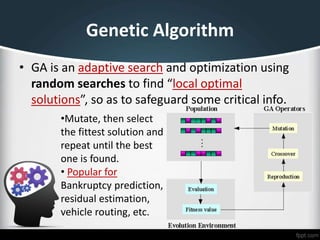 Genetic Algorithm
• GA is an adaptive search and optimization using
random searches to find “local optimal
solutions”, so as to safeguard some critical info.
•Mutate, then select
the fittest solution and
repeat until the best
one is found.
• Popular for
Bankruptcy prediction,
residual estimation,
vehicle routing, etc.
 