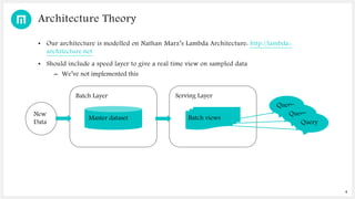 4
Architecture Theory
• Our architecture is modelled on Nathan Marz’s Lambda Architecture: http://lambda-
architecture.net...