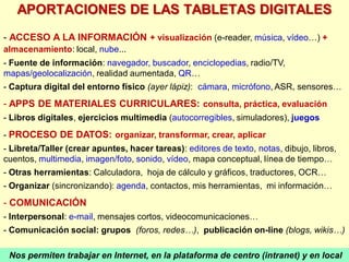 APORTACIONES DE LAS TABLETAS DIGITALES
- ACCESO A LA INFORMACIÓN + visualización (e-reader, música, vídeo…) +
almacenamiento: local, nube...
- Fuente de información: navegador, buscador, enciclopedias, radio/TV,
mapas/geolocalización, realidad aumentada, QR…
- Captura digital del entorno físico (ayer lápiz): cámara, micrófono, ASR, sensores…
- APPS DE MATERIALES CURRICULARES: consulta, práctica, evaluación
- Libros digitales, ejercicios multimedia (autocorregibles, simuladores), juegos
- PROCESO DE DATOS: organizar, transformar, crear, aplicar
- Libreta/Taller (crear apuntes, hacer tareas): editores de texto, notas, dibujo, libros,
cuentos, multimedia, imagen/foto, sonido, vídeo, mapa conceptual, línea de tiempo…
- Otras herramientas: Calculadora, hoja de cálculo y gráficos, traductores, OCR…
- Organizar (sincronizando): agenda, contactos, mis herramientas, mi información…
- COMUNICACIÓN
- Interpersonal: e-mail, mensajes cortos, videocomunicaciones…
- Comunicación social: grupos (foros, redes…), publicación on-line (blogs, wikis…)
Pere MarquèsNos permiten trabajar en Internet, en la plataforma de centro (intranet) y en local
 