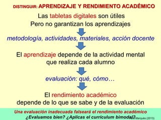Una evaluación inadecuada falseará el rendimiento académico
¿Evaluamos bien? ¿Aplicas el currículum bimodal?
Las tabletas digitales son útiles
Pero no garantizan los aprendizajes
El aprendizaje depende de la actividad mental
que realiza cada alumno
metodología, actividades, materiales, acción docente
DISTINGUIR: APRENDIZAJE Y RENDIMIENTO ACADÉMICO
Pere Marquès (2013)
evaluación: qué, cómo…
El rendimiento académico
depende de lo que se sabe y de la evaluación
 