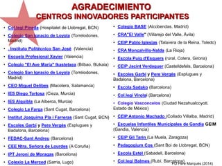 • Colegio BASE (Alcobendas, Madrid)
• CRA"El Valle" (Villarejo del Valle, Ávila)
• CEIP Pablo Iglesias (Talavera de la Reina, Toledo)
• CRA Moncalvillo-Nalda (La Rioja)
• Escola Puig d'Esquers (rural, Colera, Girona)
• CEIP Jacint Verdaguer (Castelldefels, Barcelona)
• Escoles Garbí y Pere Vergés (Esplugues y
Badalona, Barcelona)
• Escola Sadako (Barcelona)
• Col.legi Virolai (Barcelona)
• Colegio Vasconcelos (Ciudad Nezahualcoyotl,
Estado de México)
• CEIP Antonio Machado (Collado Villalba, Madrid)
• Escuelas Infantiles Municipales de Gandía GEIM
(Gandía, Valencia)
• CEIP Gil Tarín (La Muela, Zaragoza)
• Pedagogium Cos (Sant Boi de Llobregat, BCN)
• Escola Estel (Sabadell, Barcelona)
• Col.legi Balmes (Rubí, Barcelona)
• Col.legi Pineda (Hospitalet de Llobregat, BCN)
• Colegio San Ignacio de Loyola (Torrelodones,
Madrid)
• . Instituto Politécnico San José (Valencia)
• Escuela Profesional Xavier (Valencia)
• Colegio "El Ave María" Ikastetxea (Bilbao, Bizkaia)
• Colegio San Ignacio de Loyola (Torrelodones,
Madrid)
• CEO Miguel Delibes (Macotera, Salamanca)
• IES Diego Tortosa (Cieza, Murcia)
• IES Alquibla (La Alberca, Murcia)
• Colegio La Farga (Sant Cugat, Barcelona)
• Institut Joaquima Pla i Farreras (Sant Cugat, BCN)
• Escoles Garbí y Pere Vergés (Esplugues y
Badalona, Barcelona)
• FEDAC-Sant Andreu (Barcelona)
• CEE Ntra. Señora de Lourdes (A Coruña)
• IPT Jeroni de Moragas (Barcelona)
• Colexio La Merced (Sarria, Lugo) PD Pere Marquès (2014)
AGRADECIMIENTO
CENTROS INNOVADORES PARTICIPANTES
 