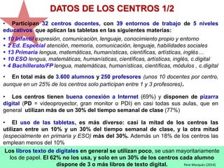 investigación
13-14
Los libros texto de digitales en general se utilizan poco, se usan mayoritariamente
los de papel. El 62% no los usa, y solo en un 30% de los centros cada alumno
dispone de 3 o más libros de texto digital.
DATOS DE LOS CENTROS 1/2
• Participan 32 centros docentes, con 39 entornos de trabajo de 5 niveles
educativos que aplican las tabletas en las siguientes materias:
 10 Infantil expresión, comunicación, lenguaje, conocimiento propio y entorno
 2 Ed. Especial atención, memoria, comunicación, lenguaje, habilidades sociales
 13 Primaria lengua, matemáticas, humanísticas, científicas, artísticas, inglés…
 10 ESO lengua, matemáticas, humanísticas, científicas, artísticas, inglés, c.digital
 4 Bachillerato/FP lengua, matemáticas, humanísticas, científicas, módulos , c.digital
• En total más de 3.600 alumnos y 250 profesores (unos 10 docentes por centro,
aunque en un 25% de los centros solo participan entre 1 y 3 profesores).
• Los centros tienen buena conexión a Internet (69%) y disponen de pizarra
digital (PD = videoproyector, gran monitor o PDI) en casi todas sus aulas, que en
general utilizan más de un 30% del tiempo semanal de clase (77%)
• El uso de las tabletas, es más diverso: casi la mitad de los centros las
utilizan entre un 10% y un 30% del tiempo semanal de clase, y la otra mitad
(especialmente en primaria y ESO) más del 30%. Además un 18% de los centros las
emplean menos del 10%
Pere Marquès (2014)
 