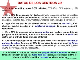 En el 44% de los centros las tabletas son propiedad de los alumnos; en el 46%
también se utilizan las tabletas fuera de la clase (patio, excursiones) y el 56% los
alumnos también las utilizan en casa para hacer deberes
• En total se utilizan unas 3.500 tabletas: 63% iPad, 36% Android y 1%
Windows
• En el 59% de los centros hay tabletas (o se llevan carros móviles de tabletas)
suficientes para todos los alumnos en las aulas. En las aulas donde solo hay
unas pocas tabletas de apoyo (31%) los alumnos las usan en grupos o por turnos
• Algo más del 40% de los centros tienen las tabletas en red local, y los
alumnos pueden acceder a la plataforma educativa de centro, compartir
contenidos...
• En el 59% de los casos existe una normativa que regula el uso de Internet
por parte de los alumnos, y en el 54% de los casos también hay filtros que
restringen la entrada de los alumnos a Internet.
• Los alumnos (87%) usan las tabletas para hacer tareas concretas cuando el
profesor lo indica. Pero en un 28% de los casos también las usan de forma
autónoma, en cualquier actividad donde creen es útil (en primaria y ESO, y con
mucha mayor frecuencia en bachillerato).
Pere Marquès (2014)
DATOS DE LOS CENTROS 2/2
 