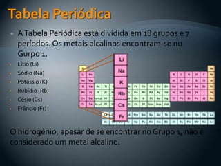  ATabela Periódica está dividida em 18 grupos e 7
períodos. Os metais alcalinos encontram-se no
Gurpo 1.
• Lítio (Li)
• Sódio (Na)
• Potássio (K)
• Rubídio (Rb)
• Césio (Cs)
• Frâncio (Fr)
O hidrogénio, apesar de se encontrar no Grupo 1, não é
considerado um metal alcalino.
 