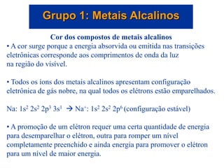 Grupo 1: Metais Alcalinos
Cor dos compostos de metais alcalinos
• A cor surge porque a energia absorvida ou emitida nas transições
eletrônicas corresponde aos comprimentos de onda da luz
na região do vísível.
• Todos os íons dos metais alcalinos apresentam configuração
eletrônica de gás nobre, na qual todos os elétrons estão emparelhados.
Na: 1s2 2s2 2p3 3s1  Na+: 1s2 2s2 2p6 (configuração estável)
• A promoção de um elétron requer uma certa quantidade de energia
para desemparelhar o elétron, outra para romper um nível
completamente preenchido e ainda energia para promover o elétron
para um nível de maior energia.
 