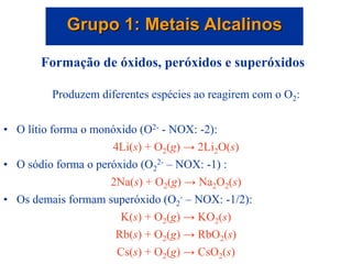 Grupo 1: Metais Alcalinos
Formação de óxidos, peróxidos e superóxidos
Produzem diferentes espécies ao reagirem com o O2:
• O lítio forma o monóxido (O2- - NOX: -2):
4Li(s) + O2(g) → 2Li2O(s)
• O sódio forma o peróxido (O2
2- – NOX: -1) :
2Na(s) + O2(g) → Na2O2(s)
• Os demais formam superóxido (O2
- – NOX: -1/2):
K(s) + O2(g) → KO2(s)
Rb(s) + O2(g) → RbO2(s)
Cs(s) + O2(g) → CsO2(s)
 