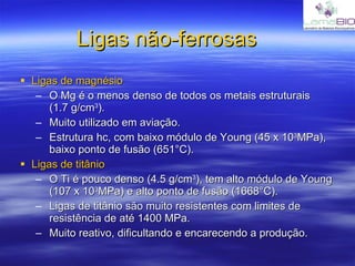 Ligas não-ferrosas Ligas de magnésio O Mg é o menos denso de todos os metais estruturais  (1.7 g/cm 3 ). Muito utilizado em aviação. Estrutura hc, com baixo módulo de Young (45 x 10 3 MPa), baixo ponto de fusão (651°C). Ligas de titânio O Ti é pouco denso (4.5 g/cm 3 ), tem alto módulo de Young (107 x 10 3 MPa) e alto ponto de fusão (1668°C). Ligas de titânio são muito resistentes com limites de resistência de até 1400 MPa. Muito reativo, dificultando e encarecendo a produção. 