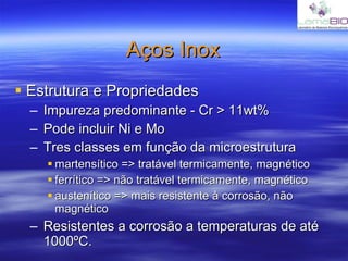 Aços Inox Estrutura e Propriedades Impureza predominante - Cr > 11wt% Pode incluir Ni e Mo Tres classes em função da microestrutura martensítico => tratável termicamente, magnético ferrítico => não tratável termicamente, magnético austenítico => mais resistente à corrosão, não magnético Resistentes a corrosão a temperaturas de até 1000ºC. 