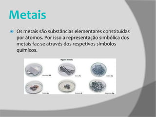 Metais


Os metais são substâncias elementares constituídas
por átomos. Por isso a representação simbólica dos
metais faz-se através dos respetivos símbolos
químicos.

 