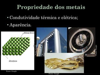 Propriedade dos metais
• Condutividade térmica e elétrica;
• Aparência;
Fonte: Google
Fonte: Google
Fonte:Google
Fonte:Google
átomos
 