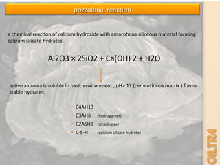 Al2O3	
  ×	
  2SiO2	
  +	
  Ca(OH)	
  2	
  +	
  H2O	
  
a	
  chemical	
  reac7on	
  of	
  calcium	
  hydroxide	
  with	
  amorphous	
  siliceous	
  material	
  forming	
  
calcium	
  silicate	
  hydrates	
  	
  
pozzolanic	
  reac7on	
  
ac7ve	
  alumina	
  is	
  soluble	
  in	
  basic	
  environment	
  ,	
  pH>	
  11	
  (cemen77ous	
  matrix	
  )	
  forms	
  
stable	
  hydrates;	
  	
  
	
   	
  	
  
• 	
  	
  C4AH13 	
  	
  
• 	
  	
  C3AH6	
   	
  (hydrogarnet)	
  	
  
• 	
  	
  C2ASH8	
   	
  (strätlingite)	
  
• 	
  	
  C-­‐S-­‐H 	
  (calcium	
  silicate	
  hydrate)	
  	
  
	
  
	
  
 