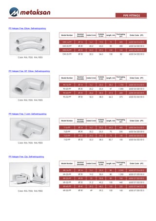 PIPE FITTINGS



PP Halogen Free Elbow Self-extinguishing

                                                              Nominal                  Outside                Packaging,
                                               Model Number              Inside D,mm             Length, mm                 Order Code (PP)
                                                              Diameter                  D,mm                     pcs


                                                DIR-16-PP      Ø 16         16,1        19,0        70           400       6550 04 016 00 0

                                                DIR-20-PP      Ø 20         20,2        23,0        90           200       6550 04 020 00 0

                                                DIR-25-PP      Ø 25         25,2        29,0        120          100       6550 04 025 00 0

                                                DIR-32-PP      Ø 32         32,3        36,0        150          50        6550 04 032 00 0
          Color: RAL 7035; RAL 9005




PP Halogen Free 90º Elbow Self-extinguishing

                                                              Nominal                  Outside                Packaging,
                                               Model Number              Inside D,mm             Length, mm                 Order Code (PP)
                                                              Diameter                  D,mm                     pcs


                                                90-16-PP       Ø 16         16,1        20,5       38,5         1.750      6550 05 016 00 0

                                                90-20-PP       Ø 20         20,2        25,5        47          1.000      6550 05 020 00 0

                                                90-25-PP       Ø 25         25,2        30,5       57,5          600       6550 05 025 00 0

                                                90-32-PP       Ø 32         32,3        38,3       66,5          375       6550 05 032 00 0
          Color: RAL 7035; RAL 9005




PP Halogen Free T Joint Self-extinguishing

                                                              Nominal                  Outside                Packaging,
                                               Model Number              Inside D,mm             Length, mm                 Order Code (PP)
                                                              Diameter                  D,mm                     pcs


                                                 T-16-PP       Ø 16         16,1        20,5       64,5          400       6550 06 016 00 0

                                                 T-20-PP       Ø 20         20,2        25,5        70           250       6550 06 020 00 0

                                                 T-25-PP       Ø 25         25,2        30,5        75           150       6550 06 025 00 0

                                                 T-32-PP       Ø 32         32,3        38,3       82,7          100       6550 06 032 00 0
          Color: RAL 7035; RAL 9005




PP Halogen Free Clip Self-extinguishing

                                                              Nominal                  Outside                Packaging,
                                               Model Number              Inside D,mm             Length, mm                 Order Code (PP)
                                                              Diameter                  D,mm                     pcs


                                                KR-16-PP       Ø 16         15,1        25,3        80          2.000      6550 07 016 00 0

                                                KR-20-PP       Ø 20         19,2        30,0        80          1.200      6550 07 020 00 0

                                                KR-25-PP       Ø 25          25         33,8        80           760       6550 07 025 00 0

                                                KR-32-PP       Ø 32         31,2        40,2        100          440       6550 07 032 00 0

                                                KR-40-PP       Ø 40         39,2        48,2        100          250       6550 07 040 00 0

          Color: RAL 7035; RAL 9005             KR-50-PP       Ø 50          49         59,2        100          160       6550 07 050 00 0
 