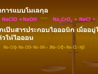 เช่น   สมการแบบโมเลกุล NaCrO 2  + NaClO +NaOH  Na 2 CrO 4  + NaCl + H 2 O   เนื่องจากเป็นสารประกอบไอออนิก เมื่ออยู่ในน้ำ จะแตกตัวให้ไอออน   