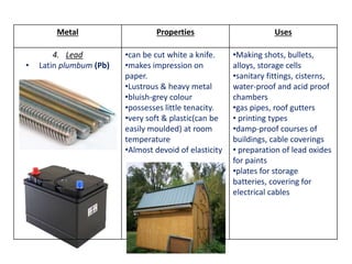 Metal Properties Uses 
4. Lead 
• Latin plumbum (Pb) 
•can be cut white a knife. 
•makes impression on 
paper. 
•Lustrous & heavy metal 
•bluish-grey colour 
•possesses little tenacity. 
•very soft & plastic(can be 
easily moulded) at room 
temperature 
•Almost devoid of elasticity 
•Making shots, bullets, 
alloys, storage cells 
•sanitary fittings, cisterns, 
water-proof and acid proof 
chambers 
•gas pipes, roof gutters 
• printing types 
•damp-proof courses of 
buildings, cable coverings 
• preparation of lead oxides 
for paints 
•plates for storage 
batteries, covering for 
electrical cables 
 