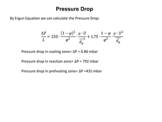 Pressure Drop
By Ergun Equation we can calculate the Pressure Drop:
Pressure drop in cooling zone= ΔP = 6.86 mbar
Pressure drop in reaction zone= ΔP = 792 mbar
Pressure drop in preheating zone= ΔP =435 mbar
 