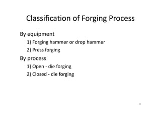 Classification of Forging Process
By equipment
1) Forging hammer or drop hammer
2) Press forging
By process
By process
1) Open - die forging
2) Closed - die forging
25
 