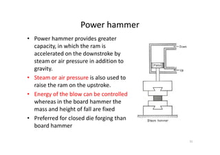 Power hammer
• Power hammer provides greater
capacity, in which the ram is
accelerated on the downstroke by
steam or air pressure in addition to
gravity.
• Steam or air pressure is also used to
• Steam or air pressure is also used to
raise the ram on the upstroke.
• Energy of the blow can be controlled
whereas in the board hammer the
mass and height of fall are fixed
• Preferred for closed die forging than
board hammer
31
 