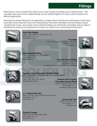 Metal hose is more versatile than other hose in that virtually any fitting can be attached to it. This
versatility also means that multiple fittings can be welded together to make custom solutions for
difficult applications.
Selecting the proper fittings for an application is largely determined by the mating them to the hose
assembly will be attached. Once the mating fittings have been identified, the hose fittings should
complement in type, size, & alloy. Ensure that the fittings are chemically compatible and are able to
withstand the pressure & temperatures of both the media & the surrounding environment.
Fittings
Male Pipe Nipple
Alloys: T304 & 316 SS, Carbon Steel, 276
Size Range: 1/8” - 12”
Schedules: 40, 80
Grooved-End Fitting
Alloys: T304 & 316 SS, Carbon Steel
Size Range: 1” - 12”
Schedules: 40
Female Union (Threaded/Socket Weld)
Alloys: T304 & 316 SS, Carbon Steel, Malleable Iron, Brass
Size Range: 1/4” - 4”
Class: 125#, 150#, 300, 3000#,
(depending on alloy)
1, 2, 3 Piece SAE (JIC)
Alloys: T316 SS, Carbon Steel, Brass (nut only)
Size Range: 1/4” - 2”
Schedules: n/a
Sanitary Flange
Alloys: T304 & 316 Stainless Steel
Size Range: 1/2” - 3”
Schedules: n/a
Hex Male
Alloys: T304 & 316 SS, Carbon Steel, Brass
Size Range: 1/4 - 4”
Schedules: n/a
LiveLink Swivel Fitting
Alloys: T304 Stainless Steel
Size Range: 1/4” - 2”
Schedules: Consult McGill for Pressure Rating
Female Half Coupling
(Threaded Socket Weld)
Alloys: T304 SS, Carbon Steel
Size Range: 1/4” - 4”
Schedules: 150#, 3000#
45 & 90 SAE (JIC)
Alloys: SS, Carbon Steel,
Size Range: 1/2” - 2”
Schedules: n/a
 