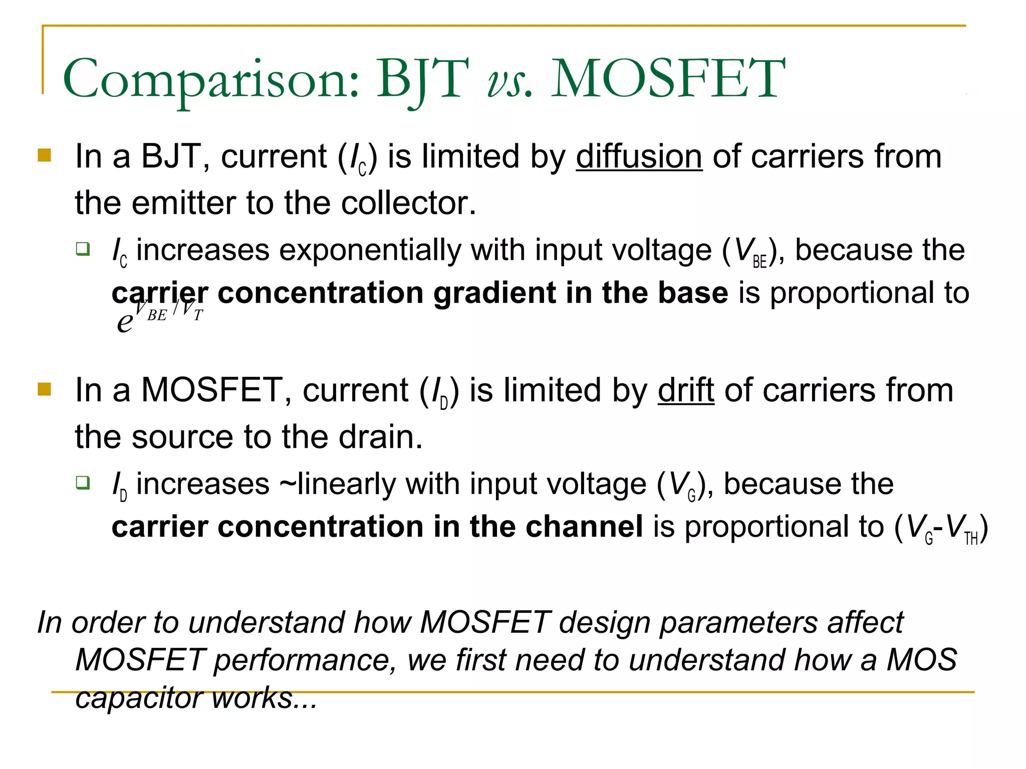 Comparison: BJT vs. MOSFET
 In a BJT, current (IC) is limited by diffusion of carriers from
the emitter to the collector.
 IC increases exponentially with input voltage (VBE), because the
carrier concentration gradient in the base is proportional to
 In a MOSFET, current (ID) is limited by drift of carriers from
the source to the drain.
 ID increases ~linearly with input voltage (VG), because the
carrier concentration in the channel is proportional to (VG-VTH)
In order to understand how MOSFET design parameters affect
MOSFET performance, we first need to understand how a MOS
capacitor works...
TBE VV
e /
 